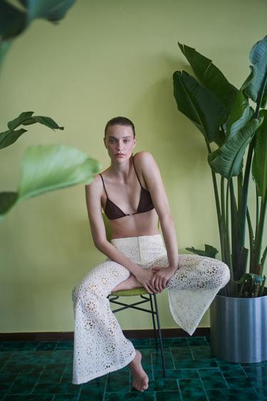 ZW COLLECTION EMBROIDERED FLARE TROUSERS - Ecru by Zara