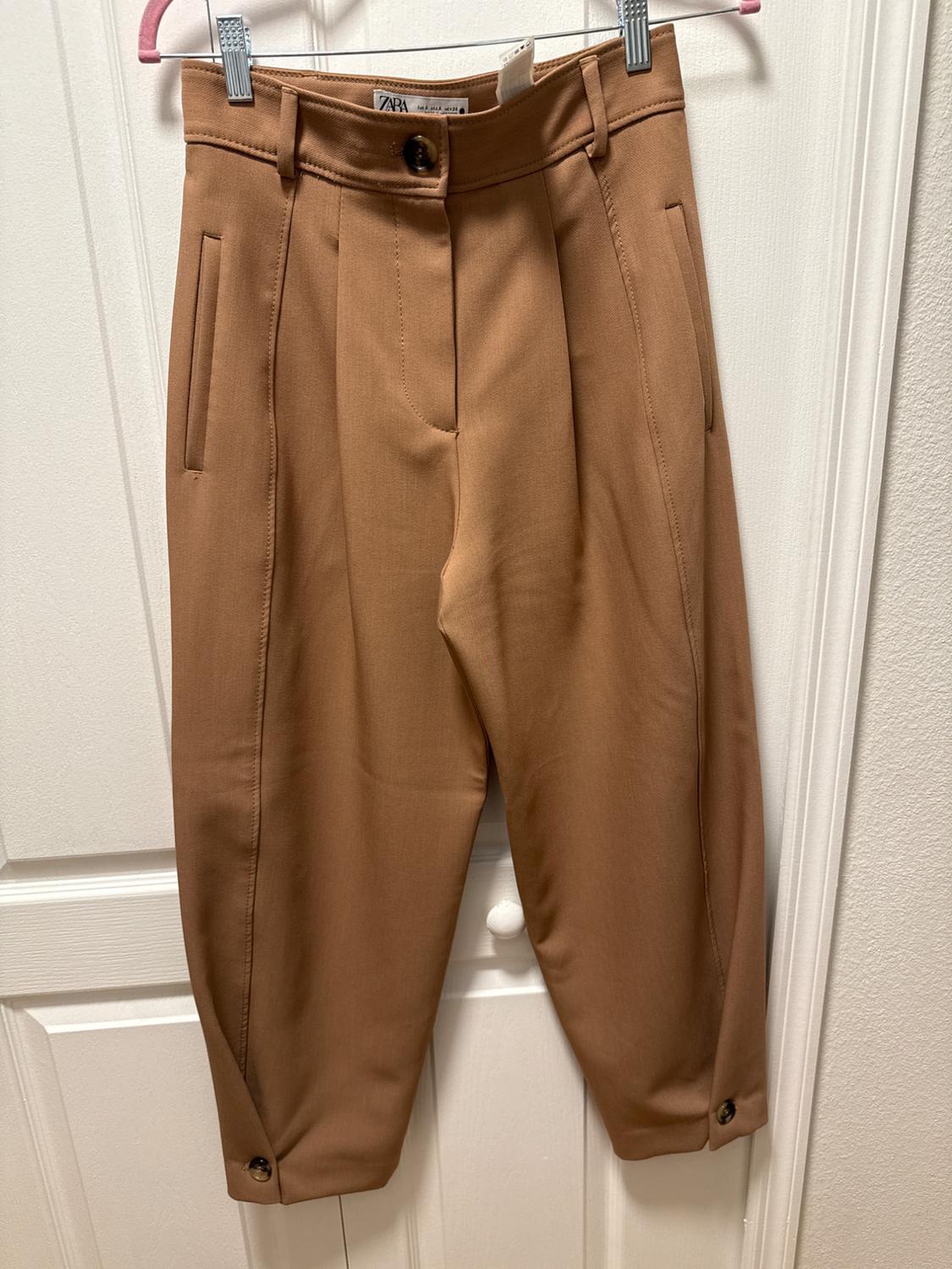 Brown fabric pants hanging on a pink hanger, with pleats and side pockets, over a white door. Visible tag: Zara.
