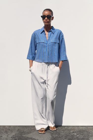 STRIPED LINEN BLEND SHIRT - Blue/White by Zara