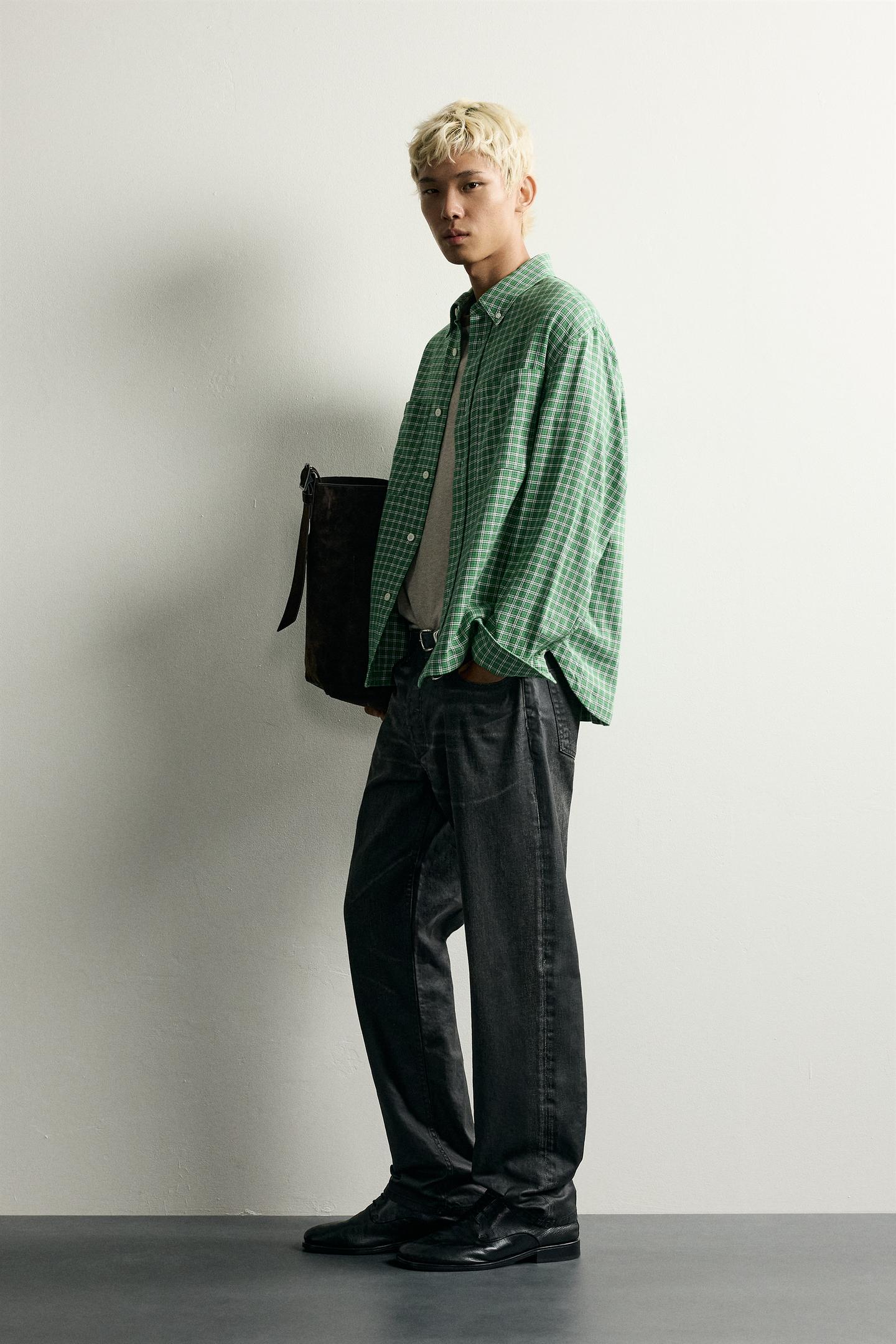 Мужская рубашка Zara Relaxed Fit Plaid, цвет: Зелёный — фото 4