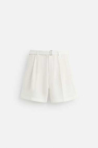 100% LINEN BERMUDA SHORTS WITH BELT - Oyster-white by Zara