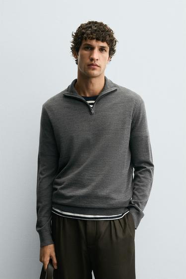 100% WOOL QUARTER-ZIP SWEATER - Grey marl by Zara