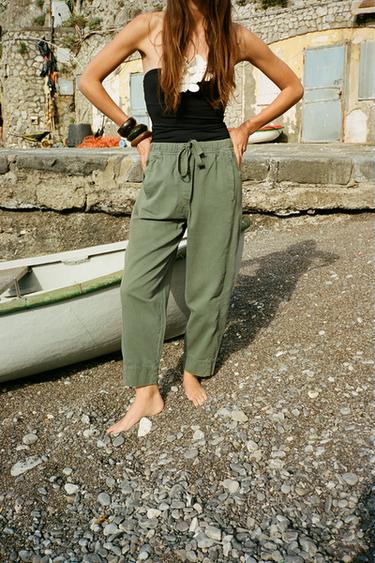 COTTON TROUSERS WITH ELASTICATED WAIST - Khaki by Zara