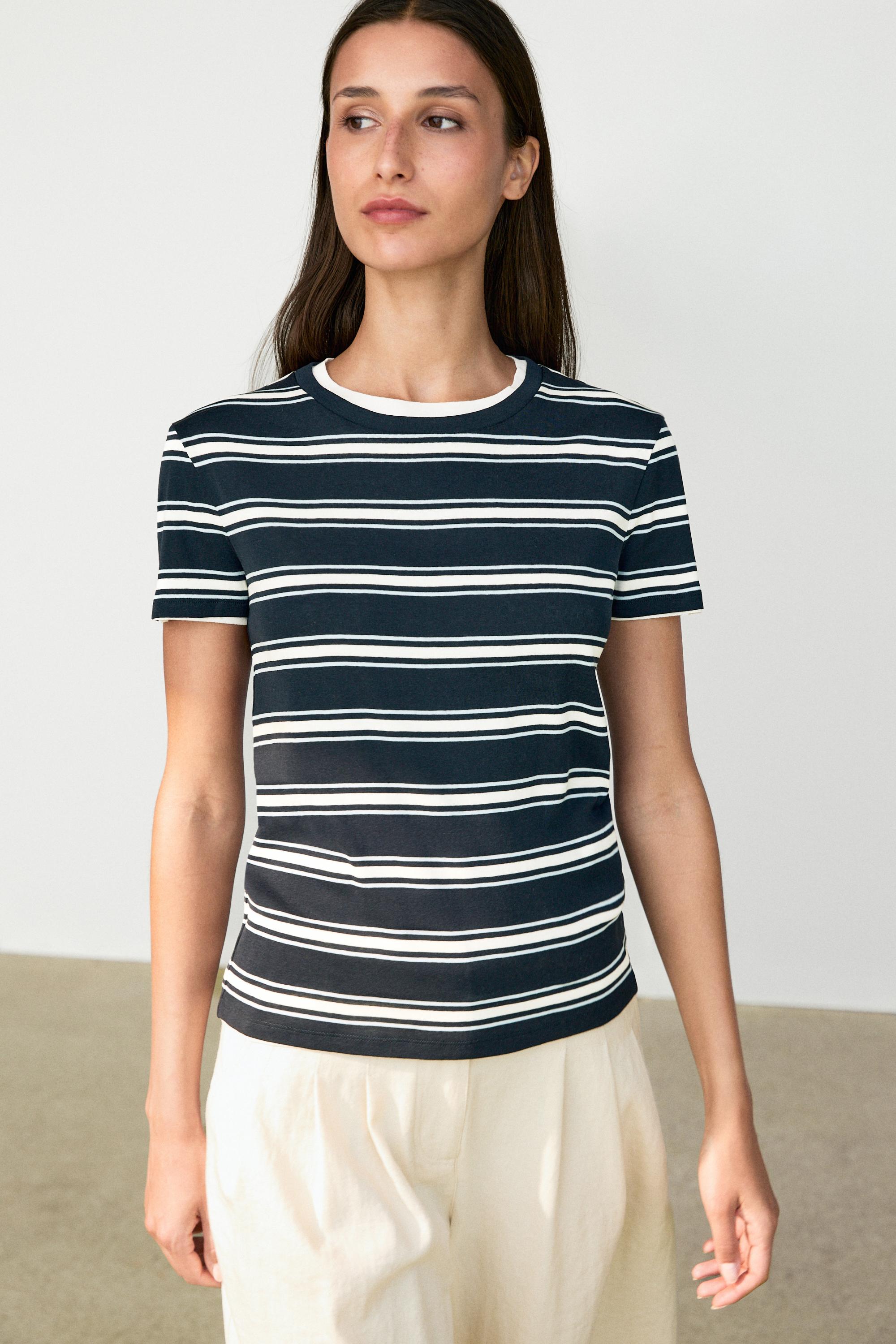 Double-layer striped short sleeve T-shirt — Blue