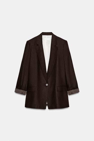 VESTE AVEC LIN À MANCHES RETROUSSÉES - Marron foncé de Zara - Image 4