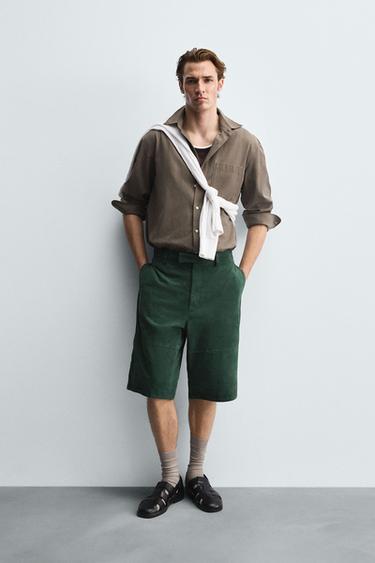 RELAXED FIT LEATHER SUEDE BERMUDA SHORTS - Green by Zara