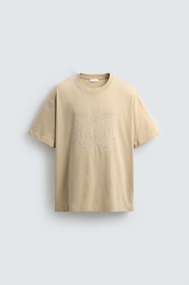 FLORAL EMBROIDERY T-SHIRT - Brown / Taupe by Zara - Image 0