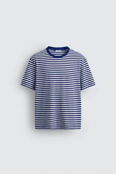 REGULAR FIT STRIPED JACQUARD T-SHIRT - White / Navy by Zara