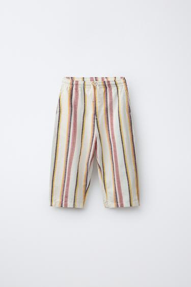 PANTALON BAGGY À RAYURES EN COTON ET LIN - Multicolore de Zara