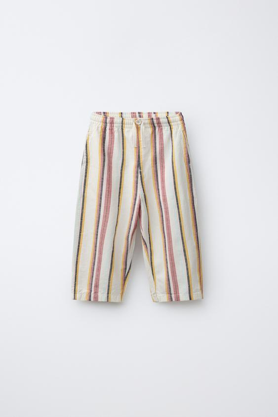 CALÇA BAGGY LISTRADA COM ALGODÃO E LINHO - Multicolor da Zara - Imagem 0