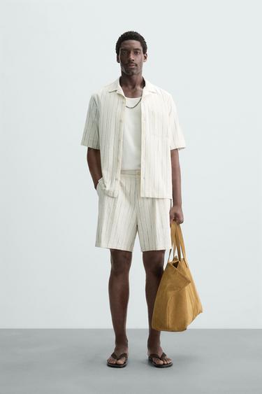 STRIPED TEXTURED BERMUDA SHORTS - Ecru / Blue by Zara - Image 0