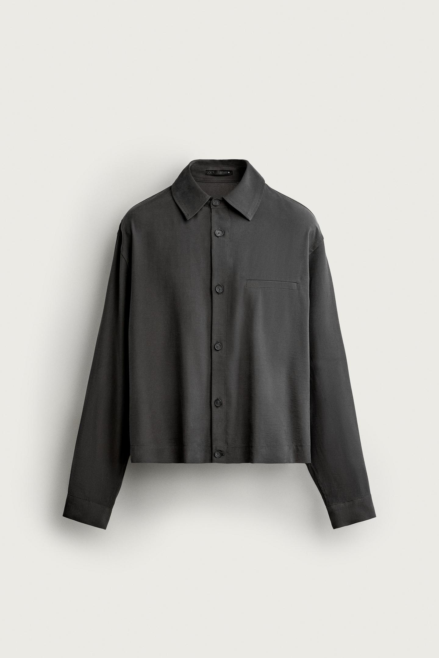 Мужская укороченная рубашка-куртка Zara из струящейся ткани, цвет: Серый — фото 7