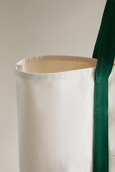 SAC TOILE COTON ANSES CONTRASTANTES - Écru / Vert de Zara - Image 5