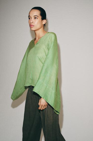 CHEMISE À RAYURES RAMIE ZW COLLECTION - Vert / Écru de Zara - Image 4