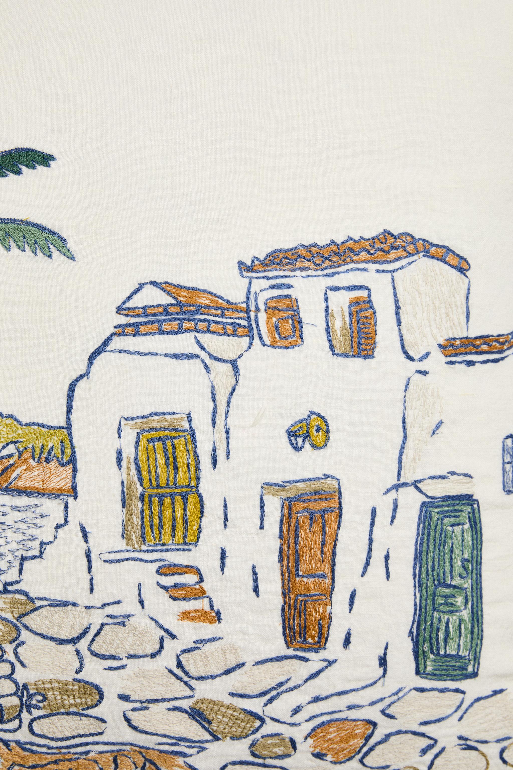 EMBROIDERED HOUSES THROW PILLOW COVER