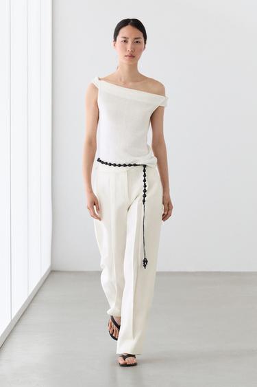 Zara Linen trousers with darts and cuffed hems - Oyster-white - Image 0
