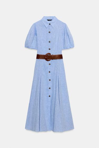 ROBE MI-LONGUE AVEC CEINTURE EN LIN - Bleu de Zara - Image 6