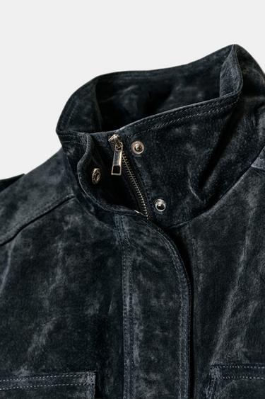 BLOUSON EN CUIR DE DAIM 100% AVEC POCHES - Bleu de Zara - Image 7