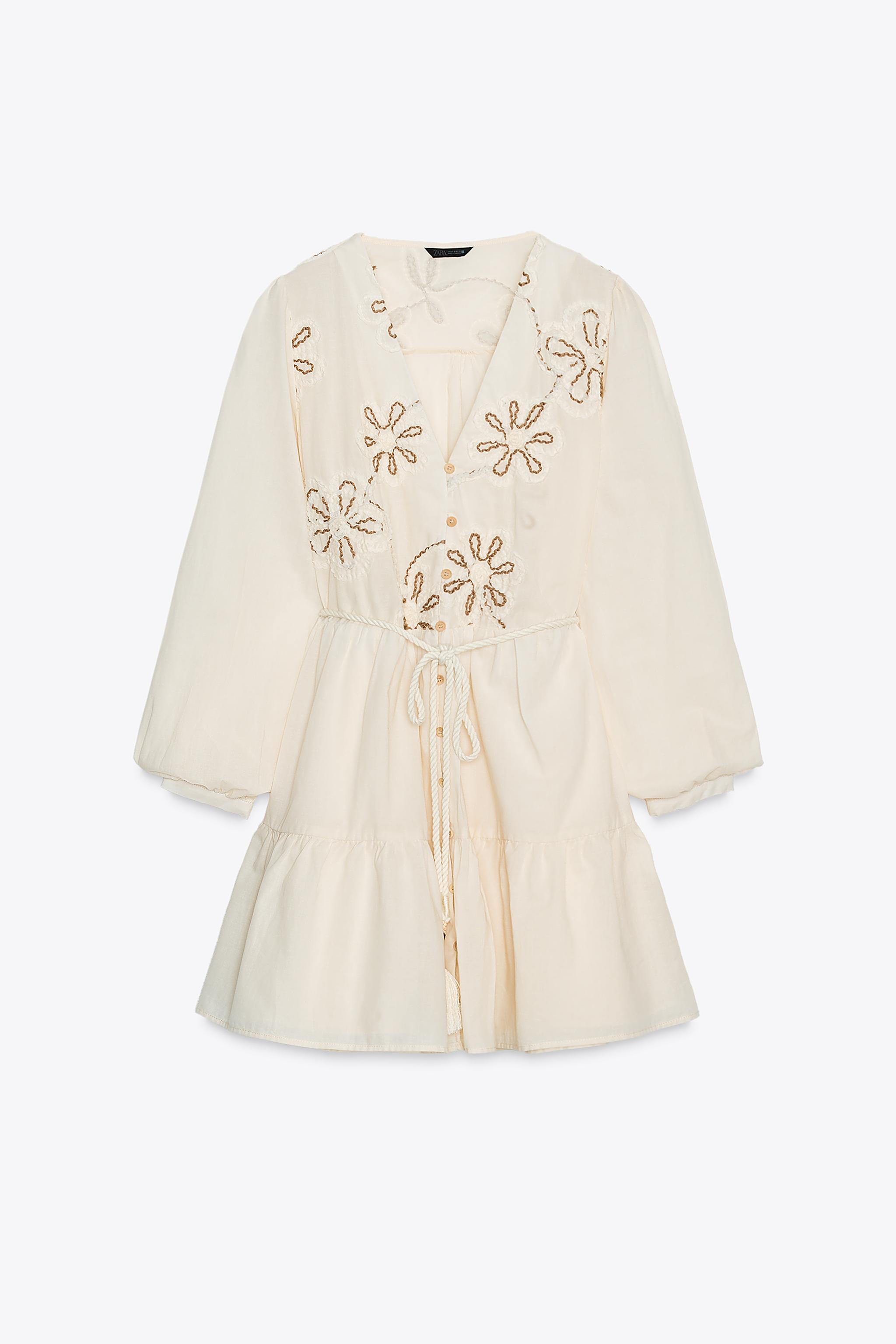 【ZARA】刺繍入りテクスチャー入り生地ワンピース 8741/089/712 刺繍入りテクスチャー入り生地ワンピース - エクリュ | ZARA