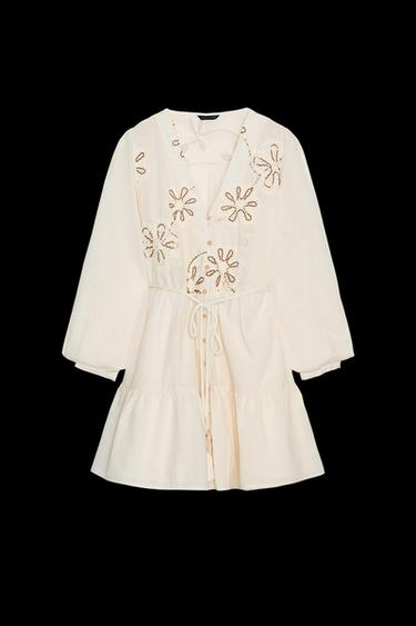 KLEID MIT STRUKTURMUSTER UND STICKEREI - Cremefarben von Zara - Bild 0