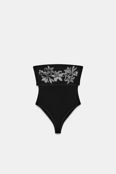 SPARKLY STRETCH BANDEAU BODYSUIT - Black by Zara