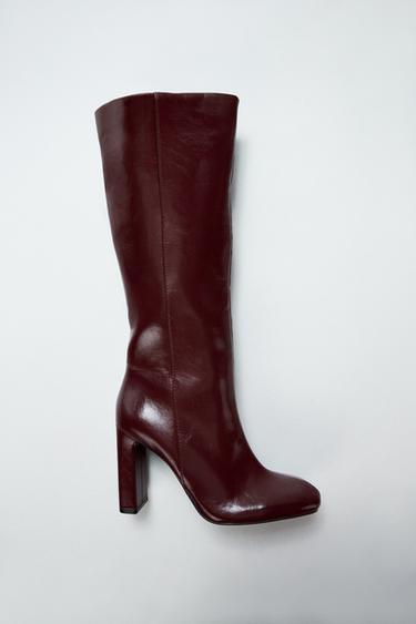 Zara 粗跟高筒靴 - 紫紅色