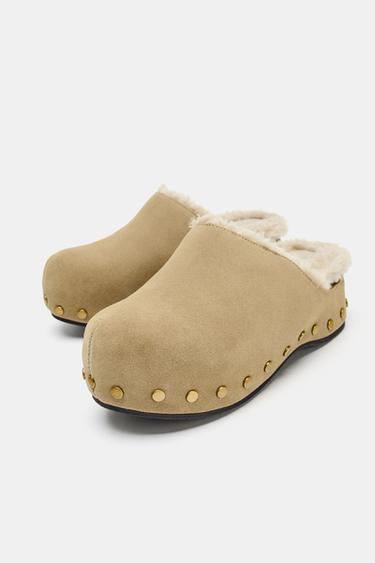 STUDDED SPLIT SUEDE CLOGS - Sand Brown by Zara - Image 4