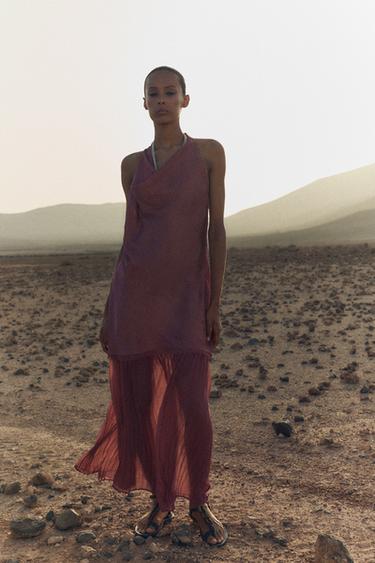 PLEATED CONTRAST MIDI DRESS - MARSALA by Zara