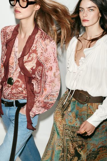 Zara PRINTED TIE BLOUSE - Multicolored