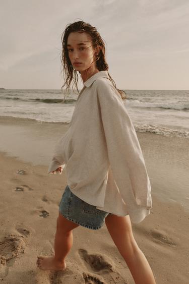 LINEN BLEND SHIRT WITH PUFF HEM - Light beige by Zara