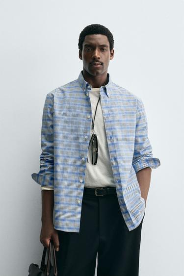 Zara BUTTON-DOWN COLLAR PLAID SHIRT - Blue