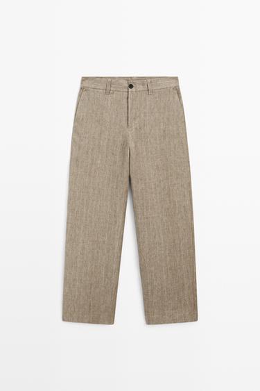 Zara 100% linen striped trousers - Beige - Image 0