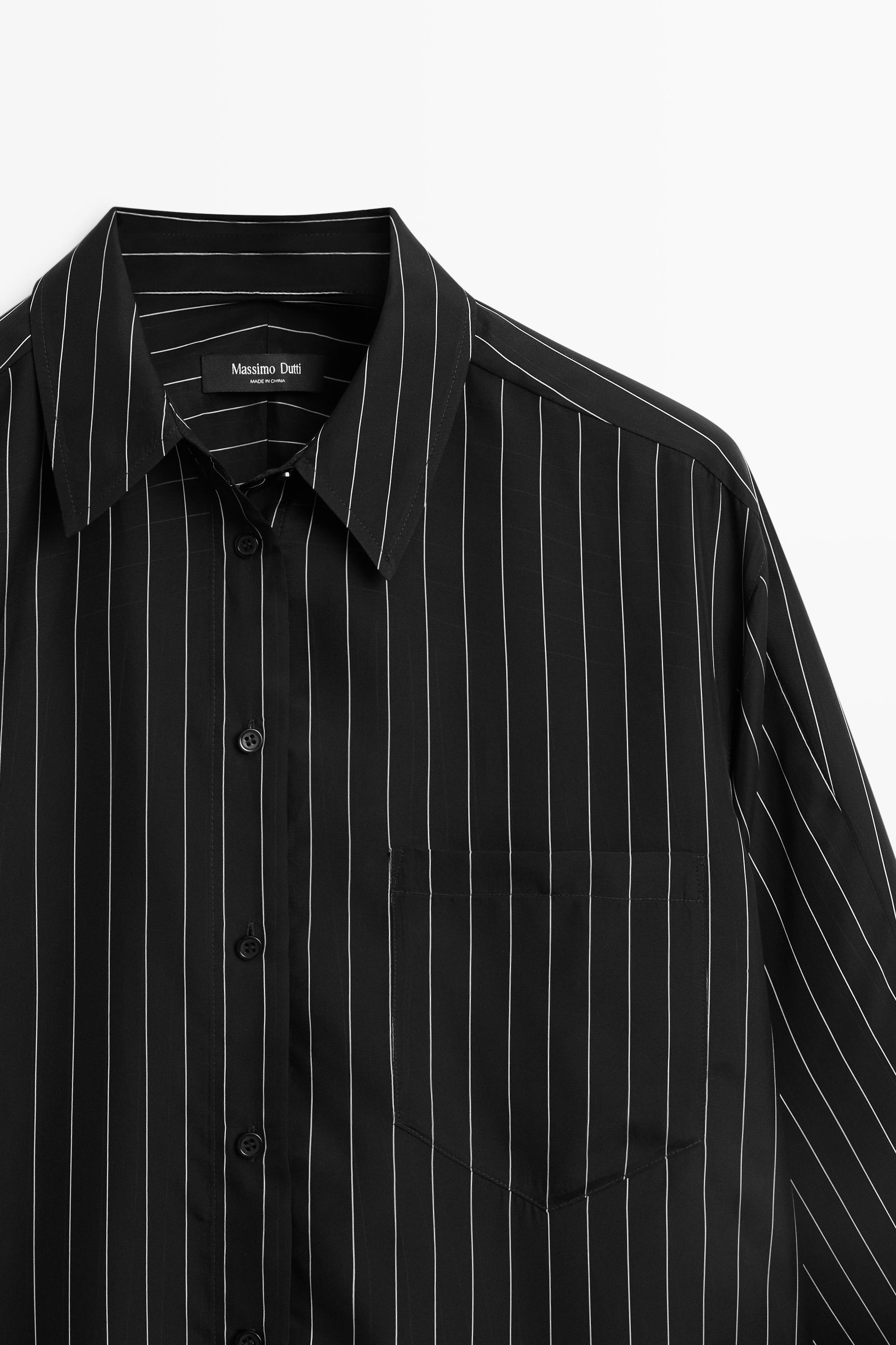 Striped flowing shirt with pocket detail — Black