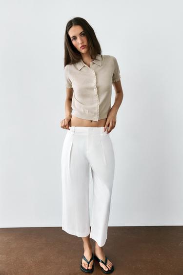Zara SHORT SLEEVE KNIT JACKET WITH LACE TRIM - stone