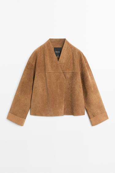 Chaqueta corta cruzada piel ante - Mostaza de Zara - Imagen 0