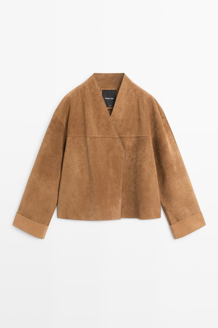 Short double-breasted suede leather jacket — Mustard