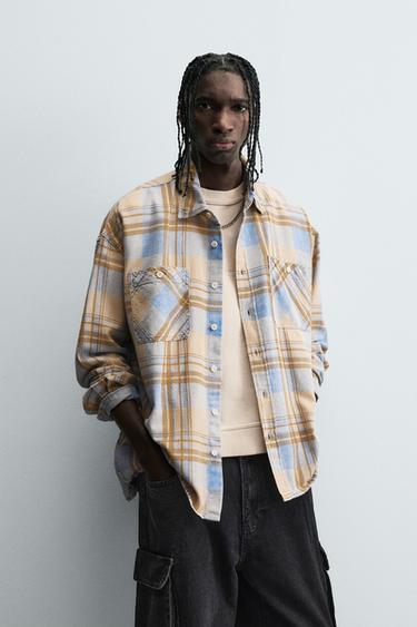 RELAXED FIT CHECK SHIRT - Beige / Navy by Zara