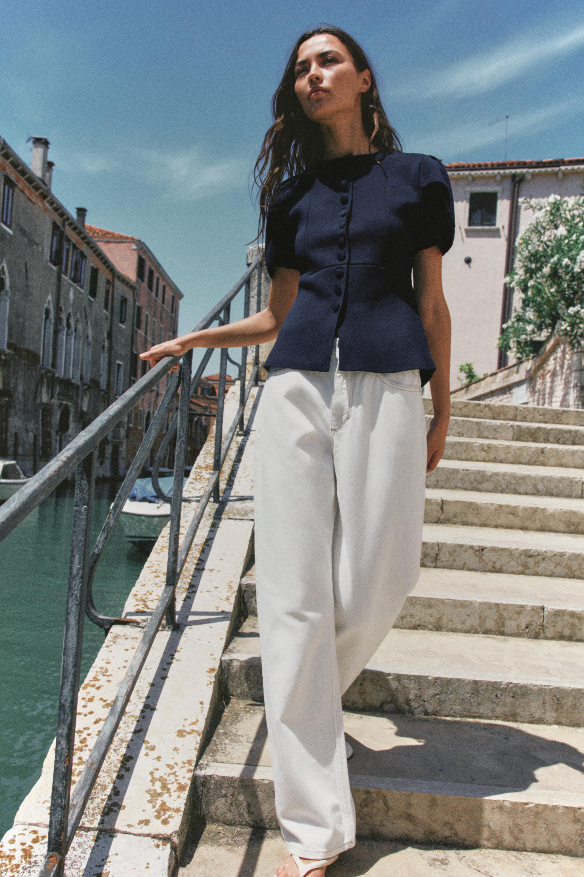 PUFF SLEEVE CARDIGAN WITH SLITS — Navy blue