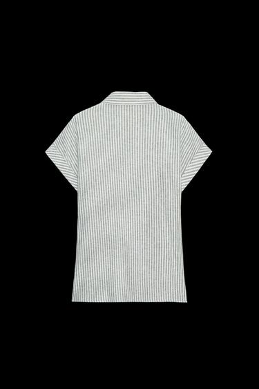 Zara KNOTTED STRIPED LINEN SHIRT - Green / Ecru