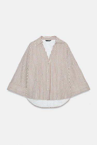 Zara STRIPED LINEN SHIRT - Brown / Ecru