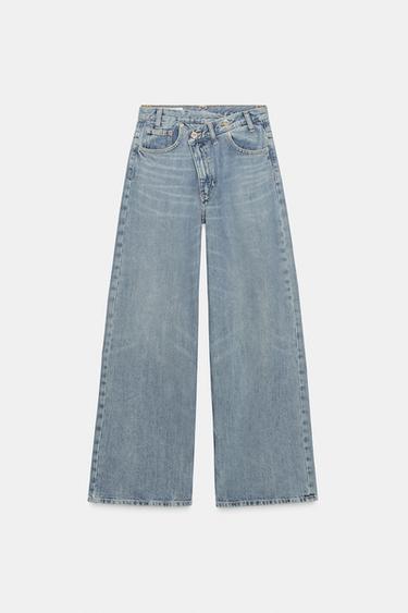 TRF WIDE-LEG HIGH-WAIST JEANS WITH CROSSOVER WAIST - Mid-blue by Zara