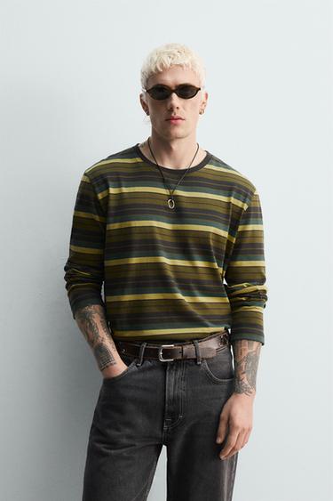 STRIPED JACQUARD T-SHIRT - Khaki by Zara