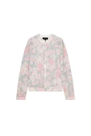 Front view of a cardigan with a floral print in pastel shades and centre button fastening.
