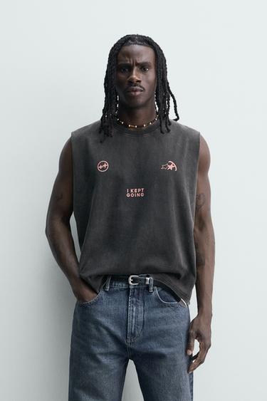 Zara PRINTED WASHED TANK TOP - Dark anthracite