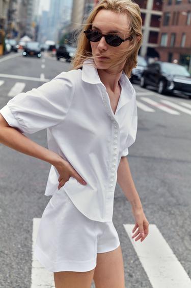 CHEMISE EN POPELINE À PERLES - Blanc de Zara