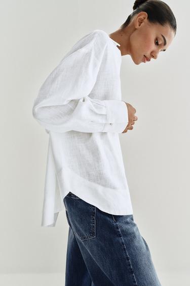 BLOUSE EN LIN À COL POLO - Blanc de Zara - Image 4