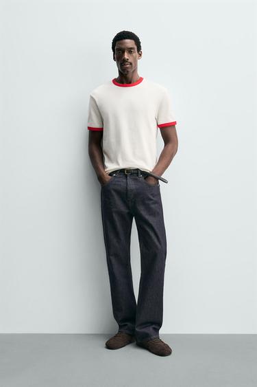 BASIC CONTRAST RIB T-SHIRT - White / Red by Zara