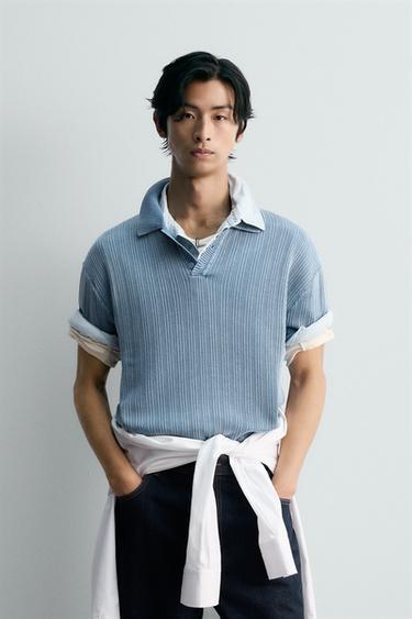 WASHED TEXTURED KNIT POLO SHIRT - Faded blue by Zara