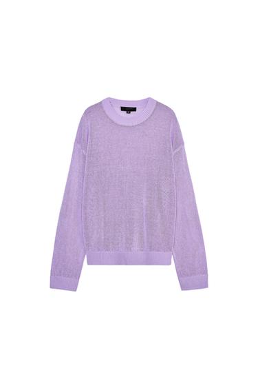 Front view of a lilac jumper with a round neck and long sleeves.