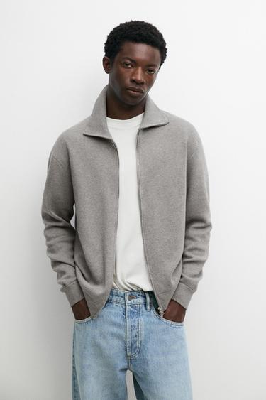 100% cotton zip-up knit cardigan — Gray / Beige 1